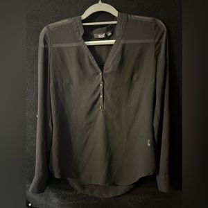 Sheer Half Button Black Blouse with Adjustable Sleeves